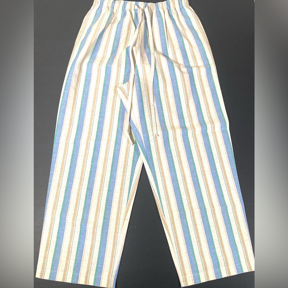 ORVIS Linen Blend Stripe Pocket High Rise Wide Leg capris Women L Made In USA